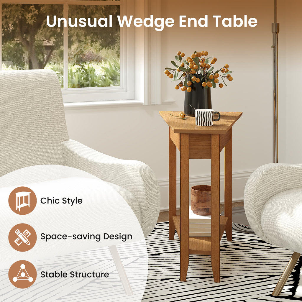 2-Tier Wedge Narrow End Table with Storage Shelf, Walnut