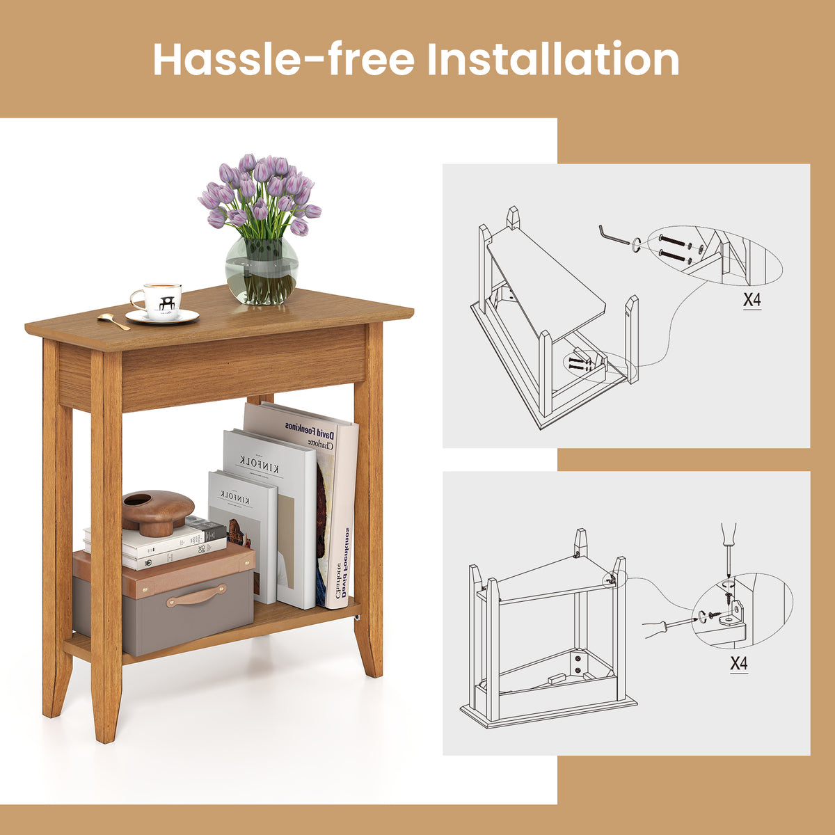 2-Tier Wedge Narrow End Table with Storage Shelf, Walnut