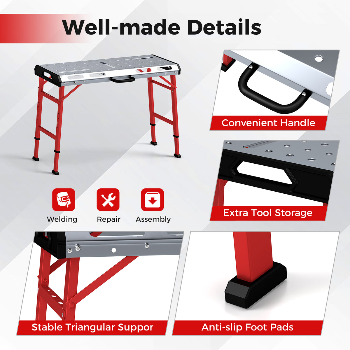 Welding Table 42" x 21" Adjustable Height with Clamps – Silver