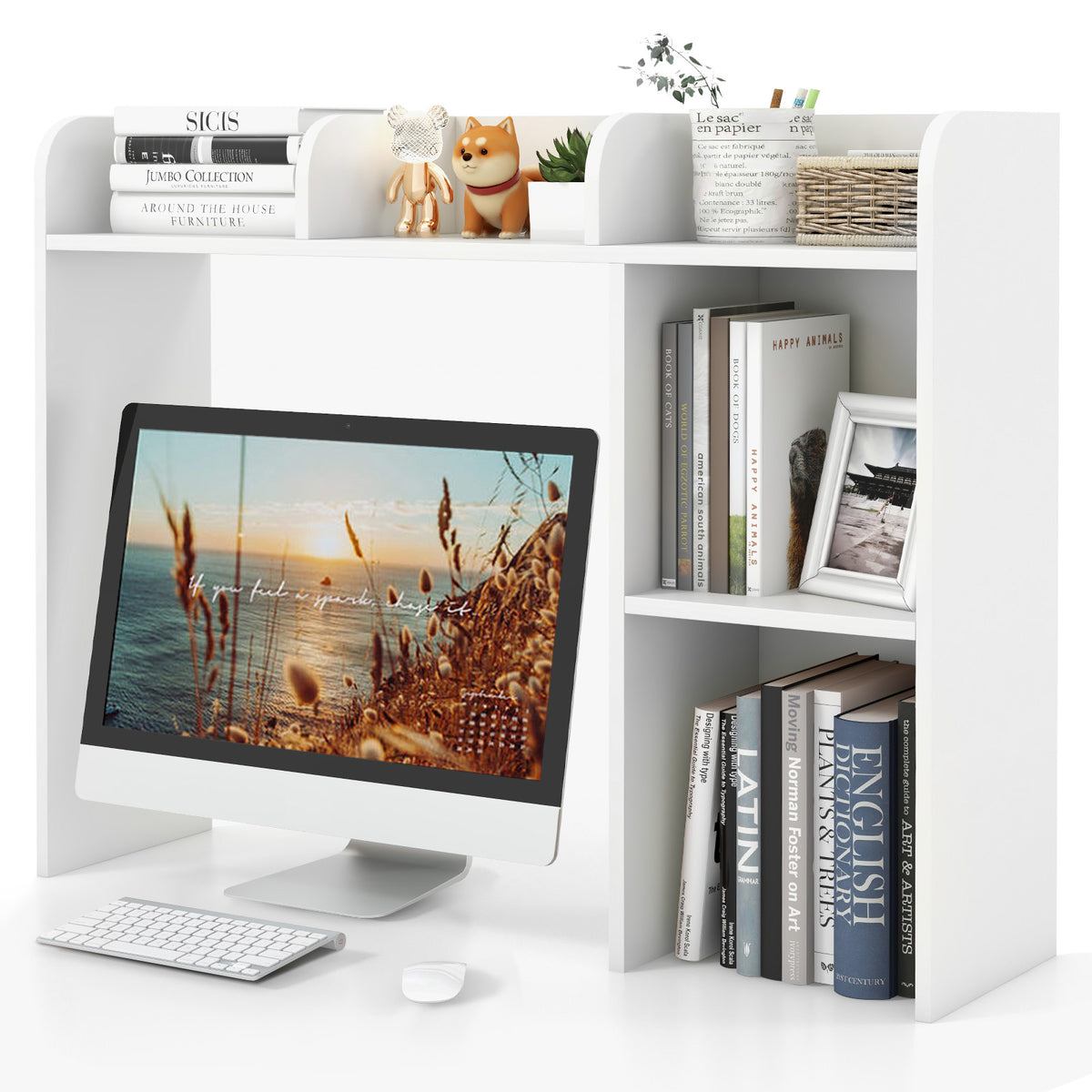 Computer Desktop Bookcase with 4 Cubbies and Open Back Compartment