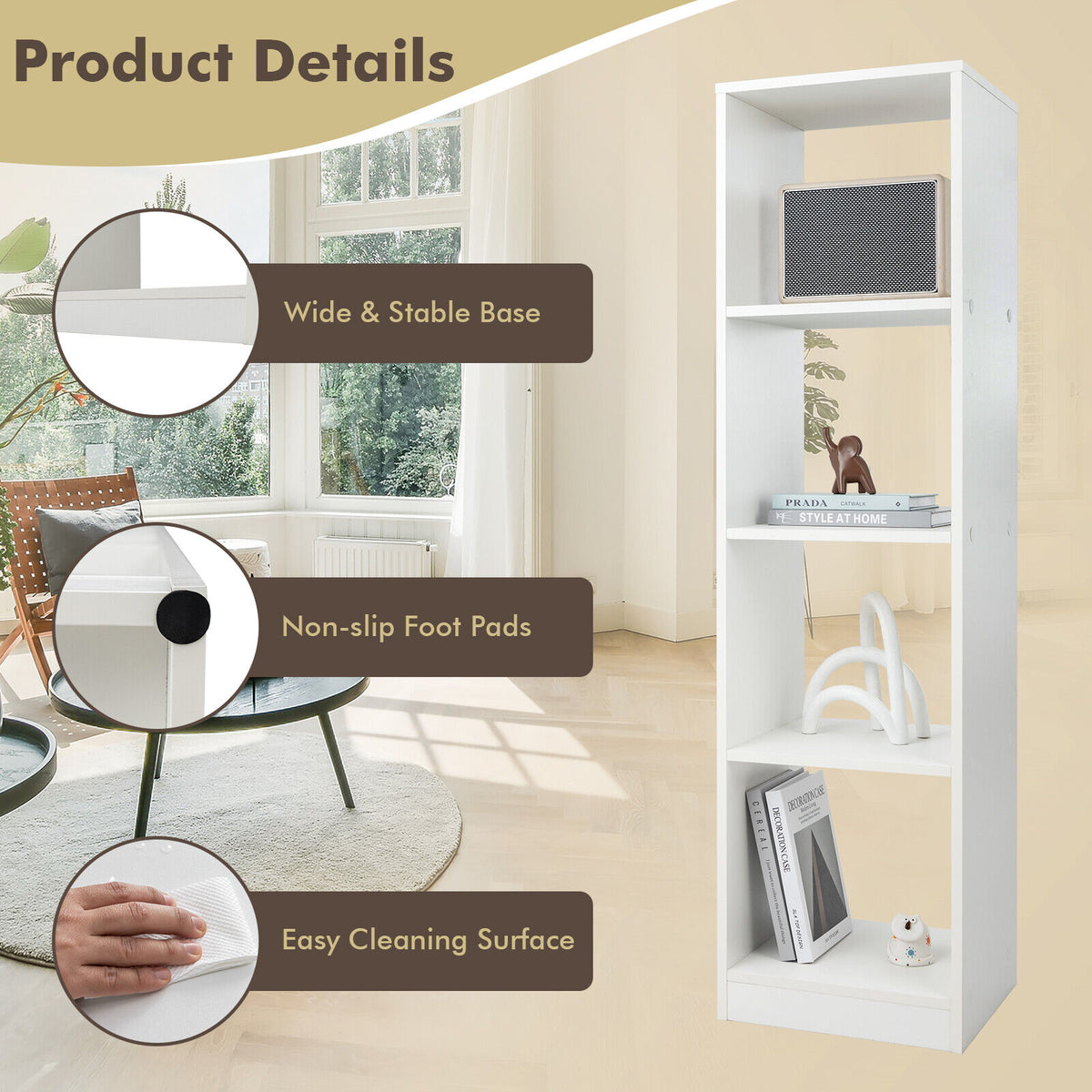 4-Cube Narrow Bookshelf with Anti-Tipping - White