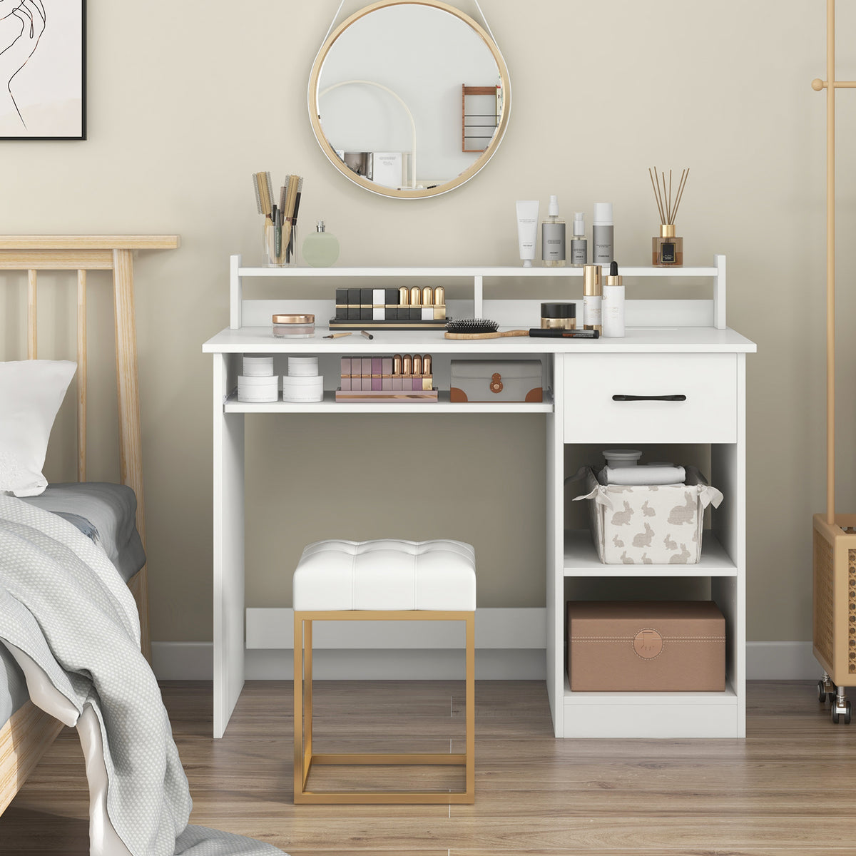 White Desk with Charging Station and Adjustable Shelf for Home Office