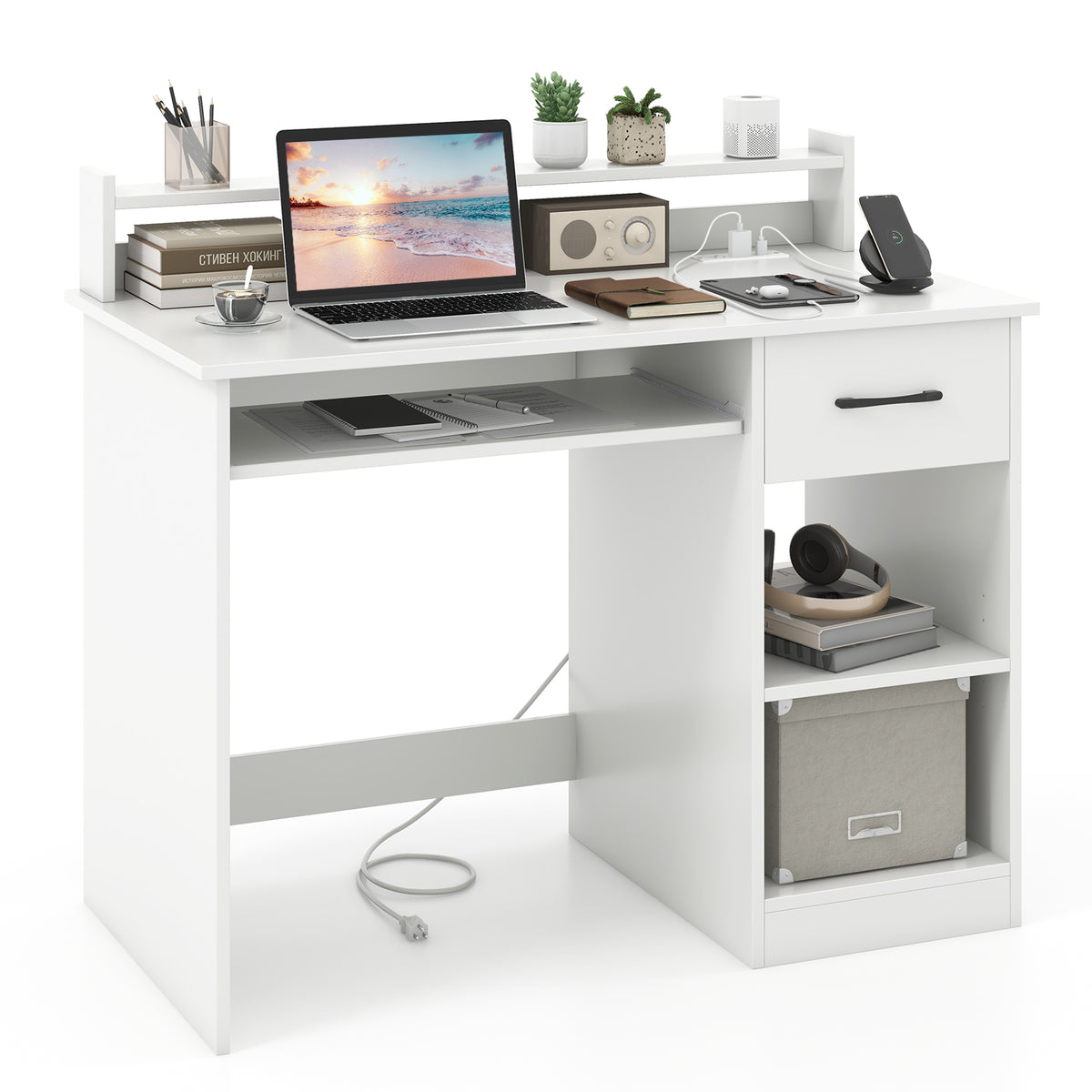 White Desk with Charging Station and Adjustable Shelf for Home Office