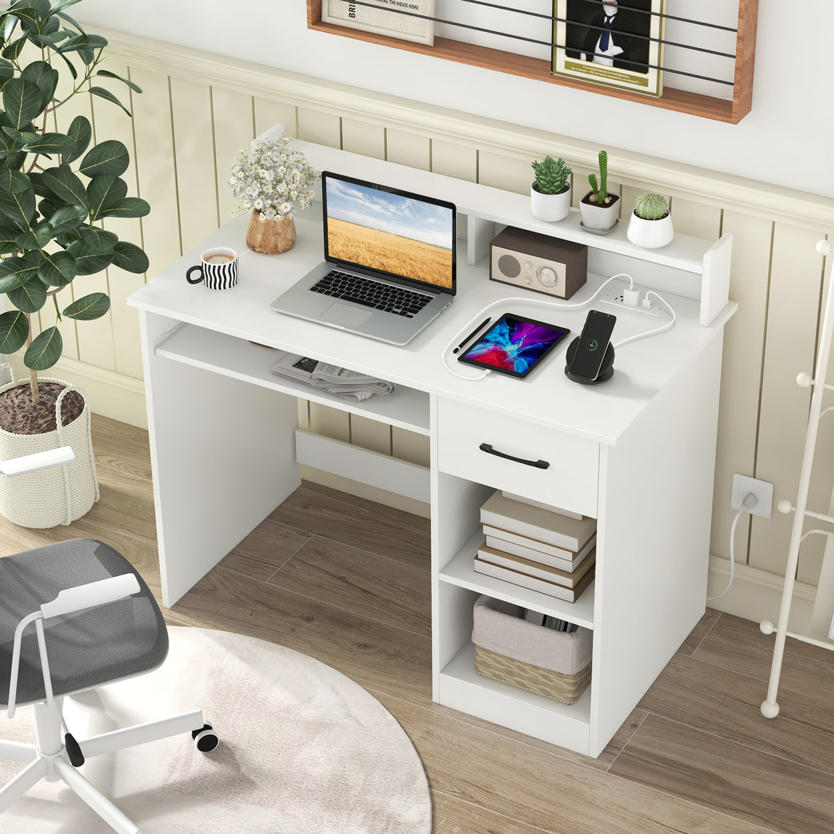 White Desk with Charging Station and Adjustable Shelf for Home Office