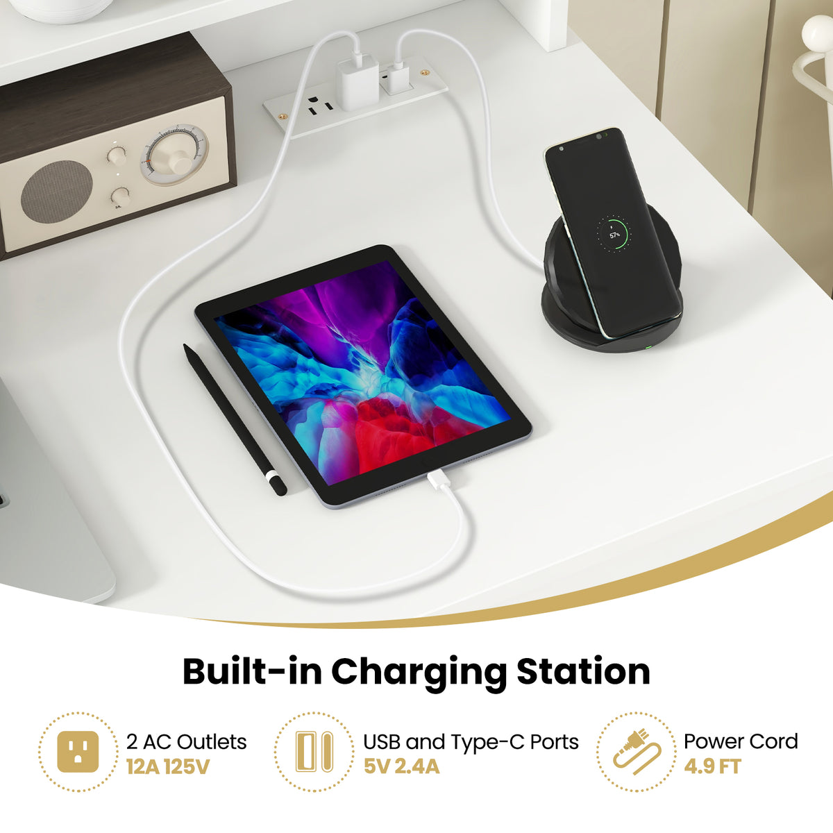 White Desk with Charging Station and Adjustable Shelf for Home Office