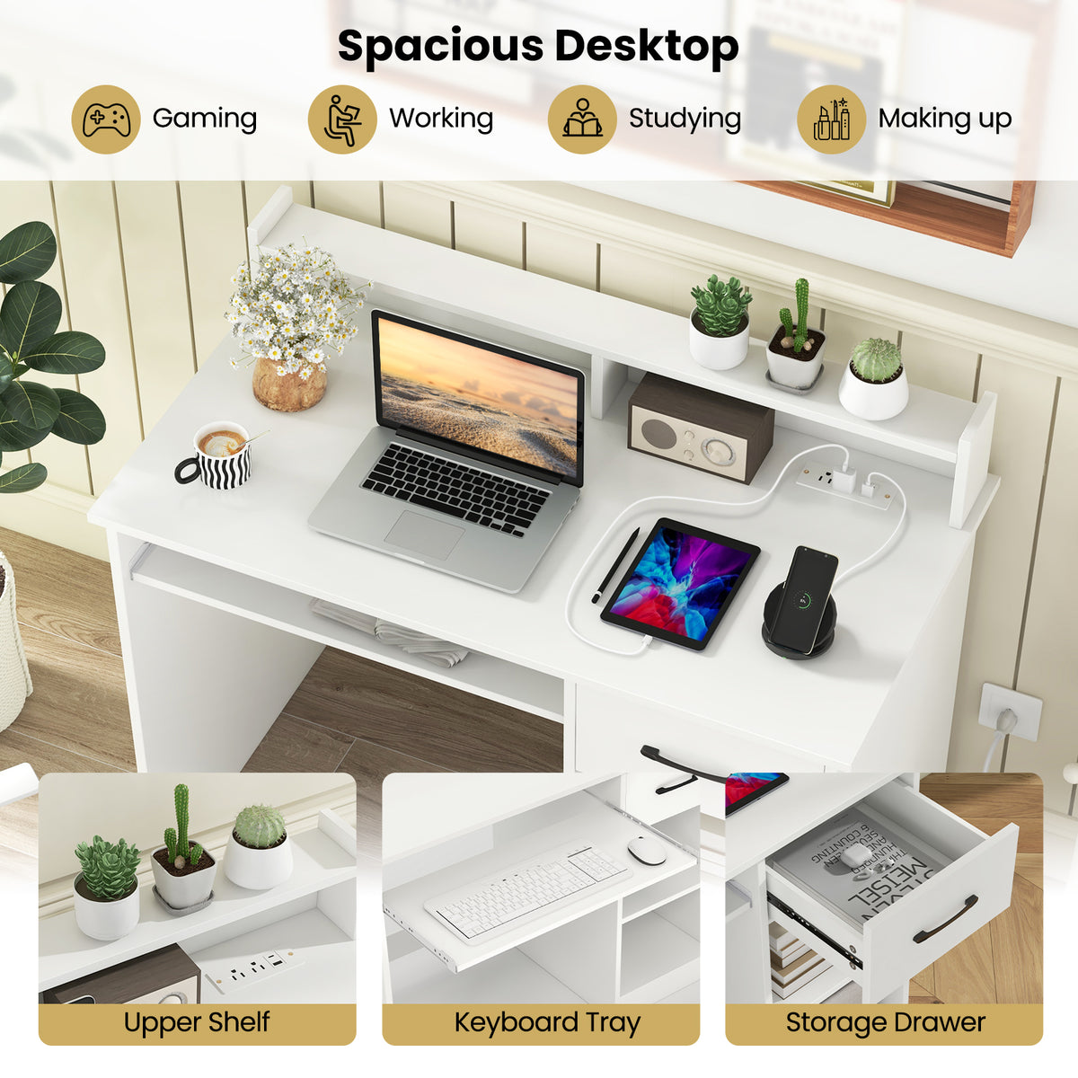 White Desk with Charging Station and Adjustable Shelf for Home Office