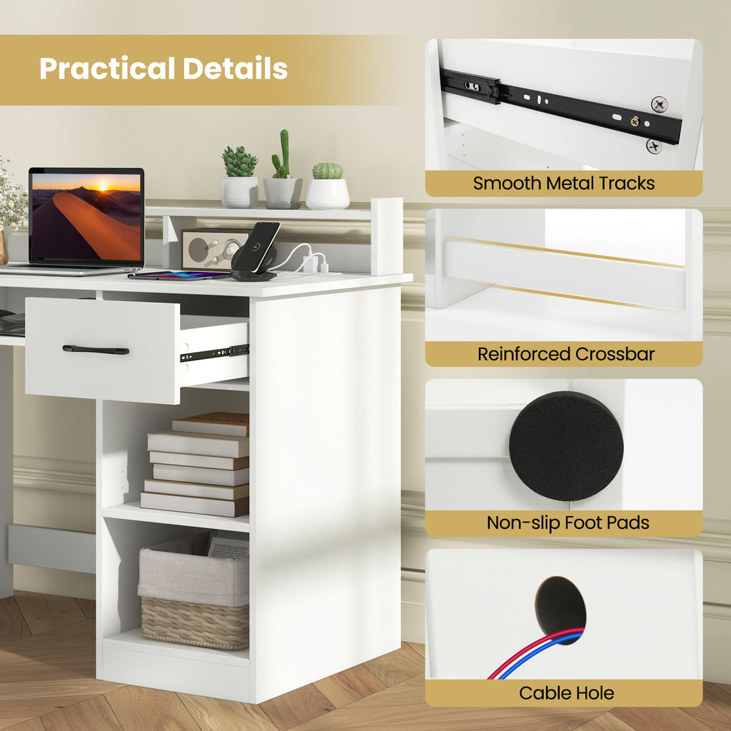 White Desk with Charging Station and Adjustable Shelf for Home Office