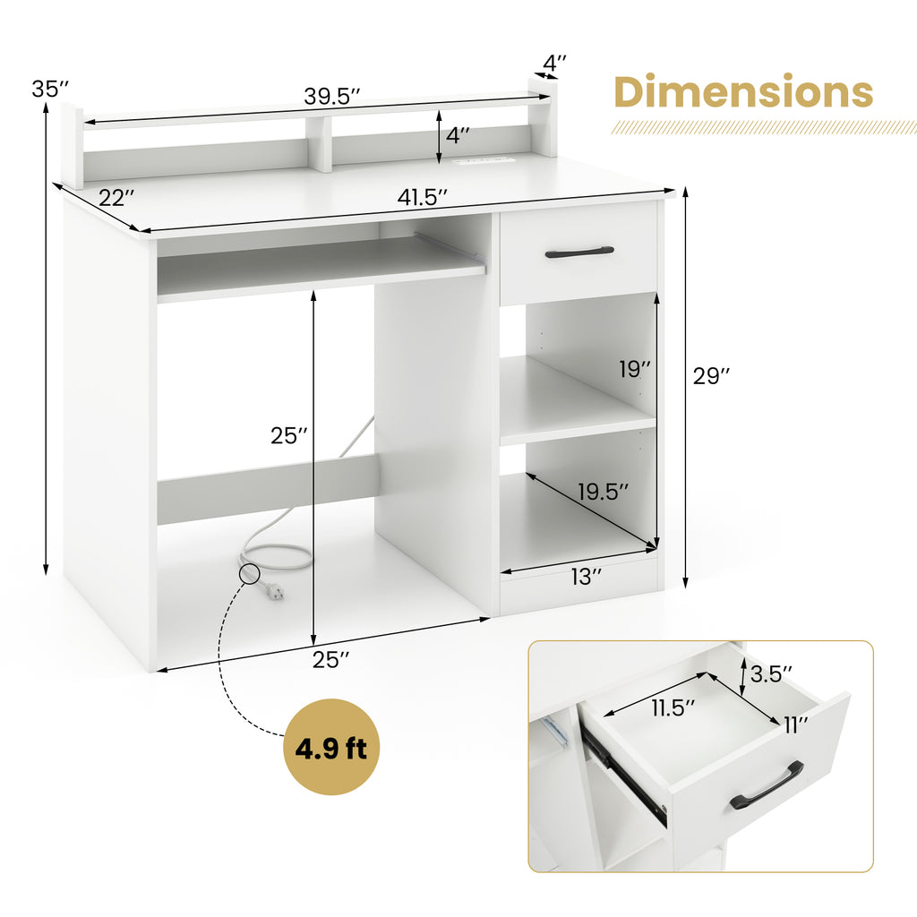 White Desk with Charging Station and Adjustable Shelf for Home Office