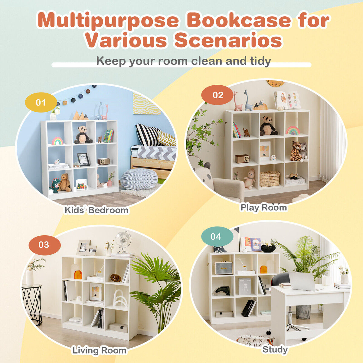 Modern 9-Cube Bookcase with 2 Anti-Tipping Kits for Books Toys