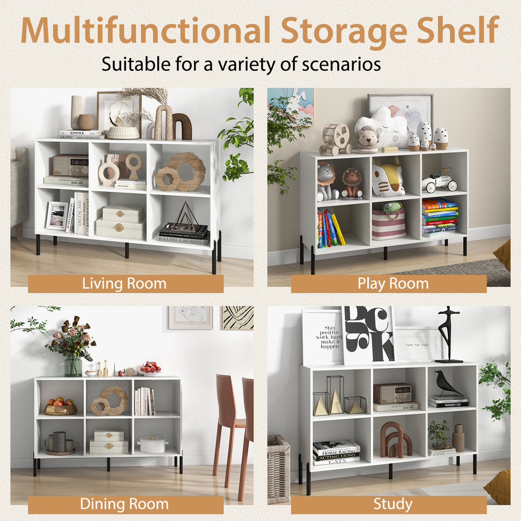 6-Cube Storage Bookcase 3-Tier Wooden Open Bookshelf with 5 Metal Legs