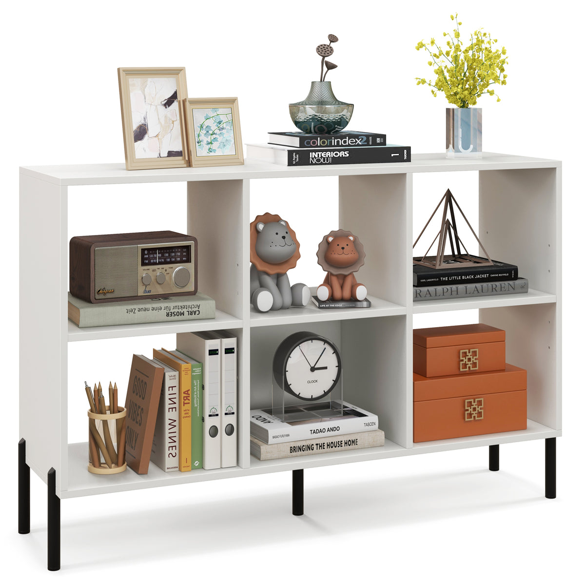 6-Cube Storage Bookcase 3-Tier Wooden Open Bookshelf with 5 Metal Legs