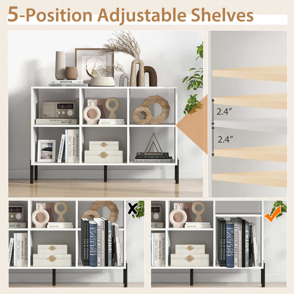 6-Cube Storage Bookcase 3-Tier Wooden Open Bookshelf with 5 Metal Legs