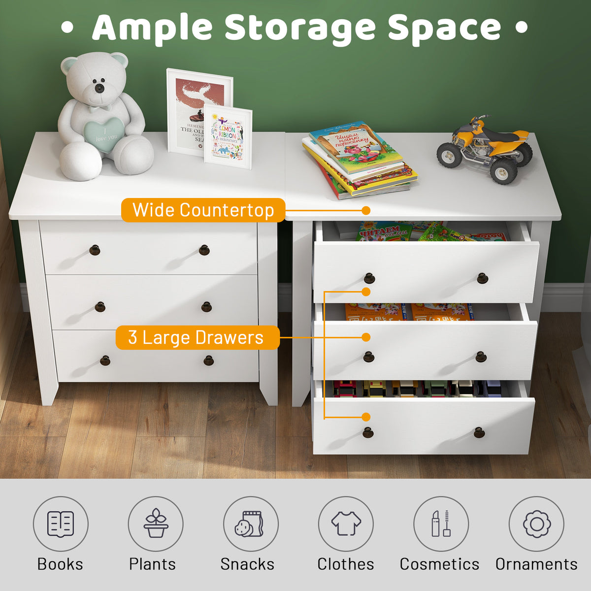 3 Drawer Dresser Chest, White