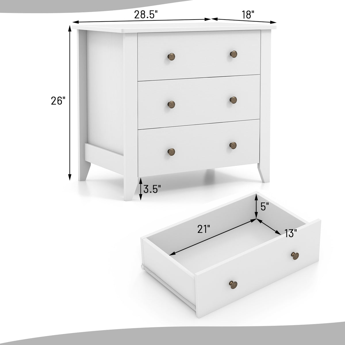 3 Drawer Dresser Chest, White