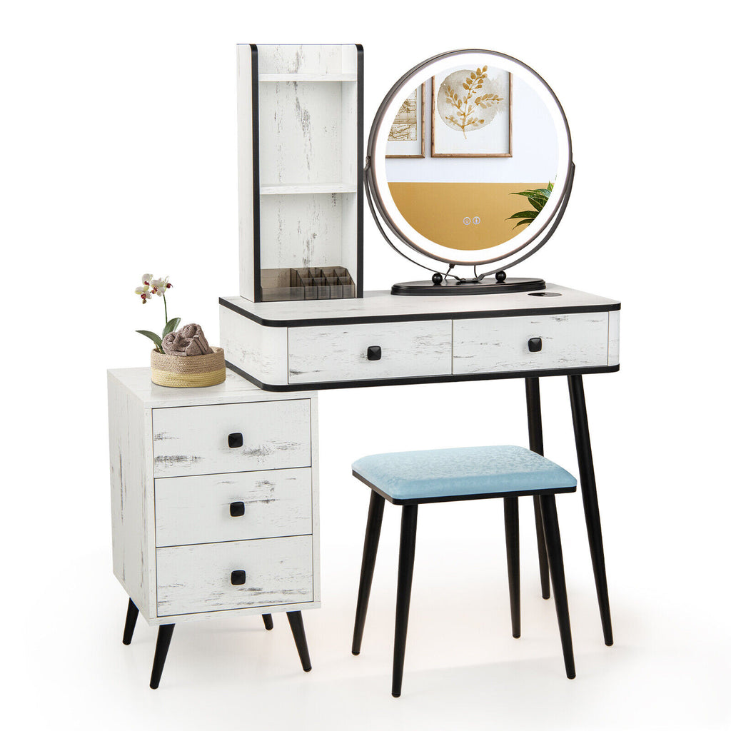 Vanity Table Set with Lighted Mirror and Stool - White with Cabinet