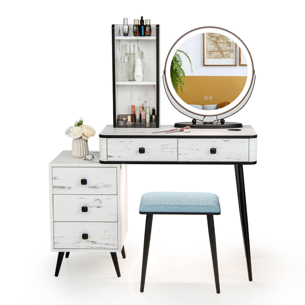 Vanity Table Set with Lighted Mirror and Stool - White with Cabinet