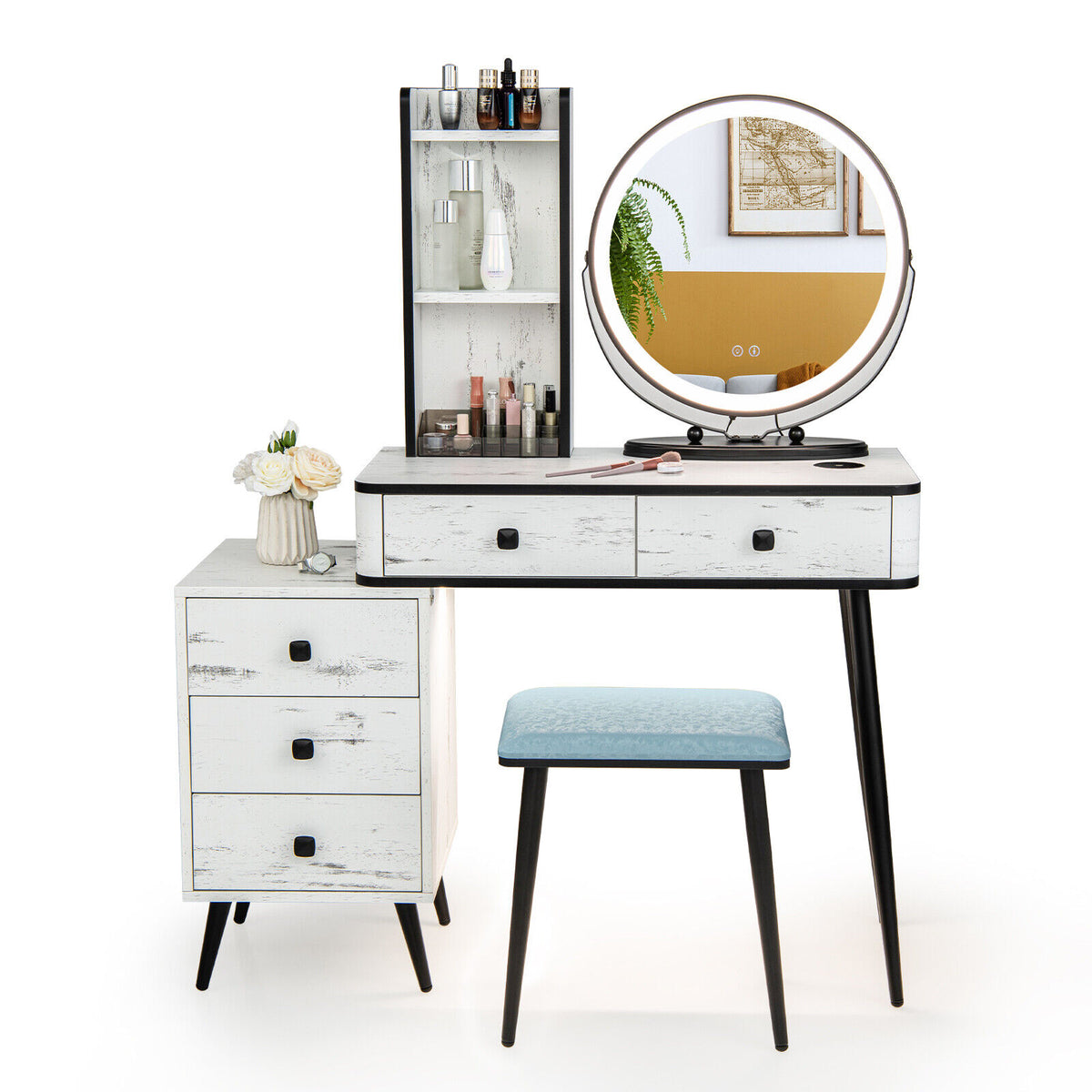 Vanity Table Set with Lighted Mirror and Stool - White with Cabinet