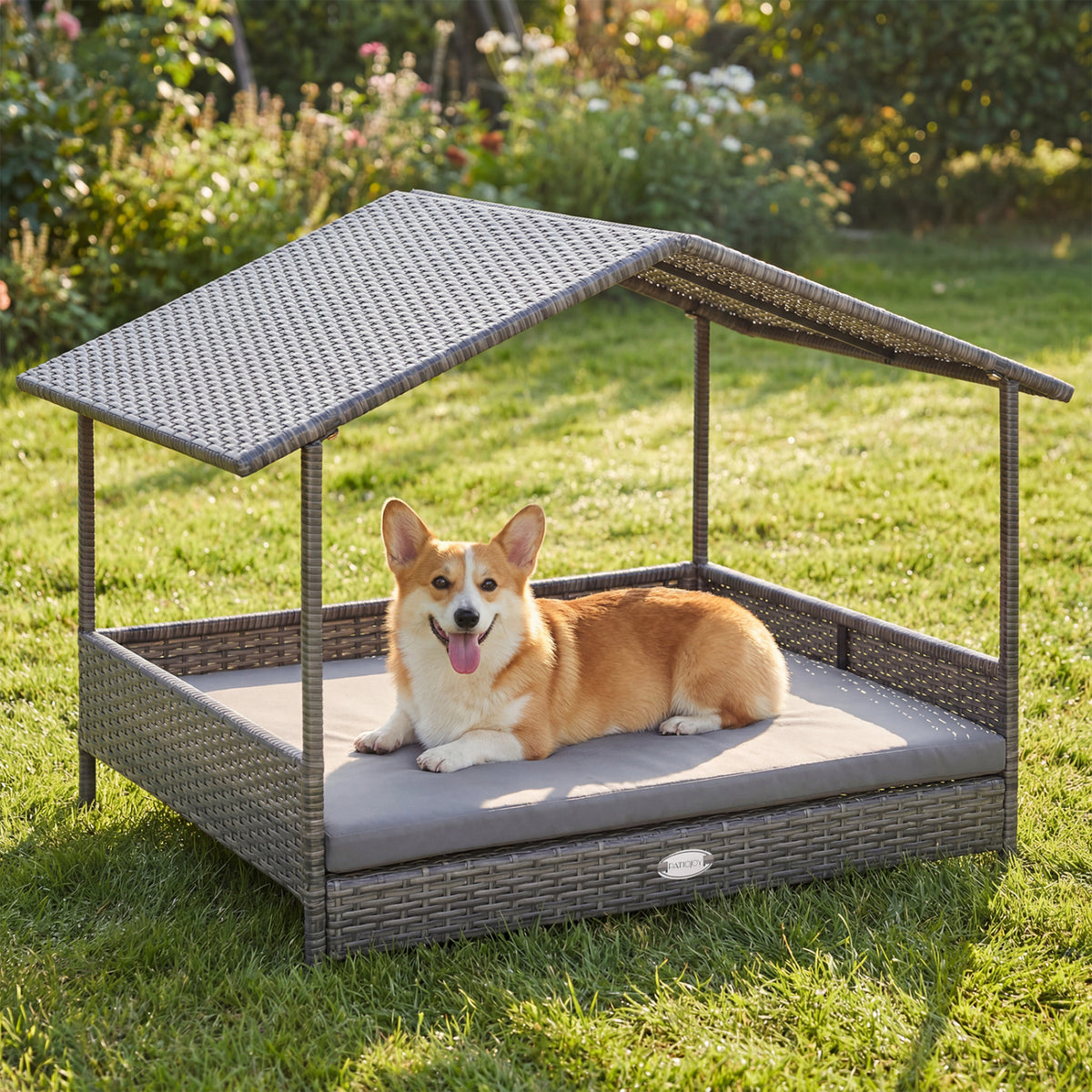 Gray Rattan Dog House with Canopy - Elevated Pet Bed for Indoor & Outdoor Use
