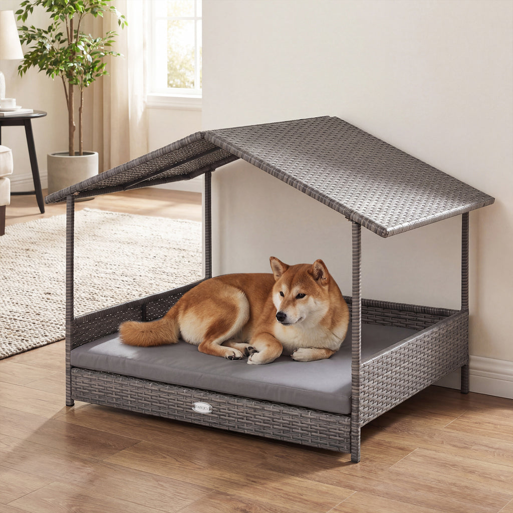 Gray Rattan Dog House with Canopy - Elevated Pet Bed for Indoor & Outdoor Use
