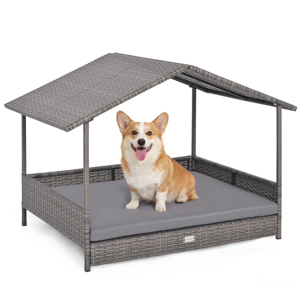 Gray Rattan Dog House with Canopy - Elevated Pet Bed for Indoor & Outdoor Use