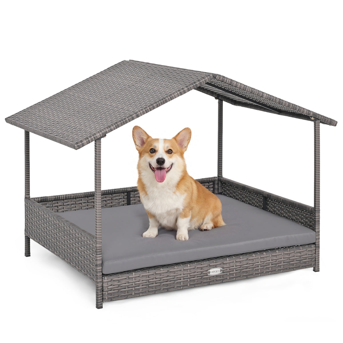 Gray Rattan Dog House with Canopy - Elevated Pet Bed for Indoor & Outdoor Use
