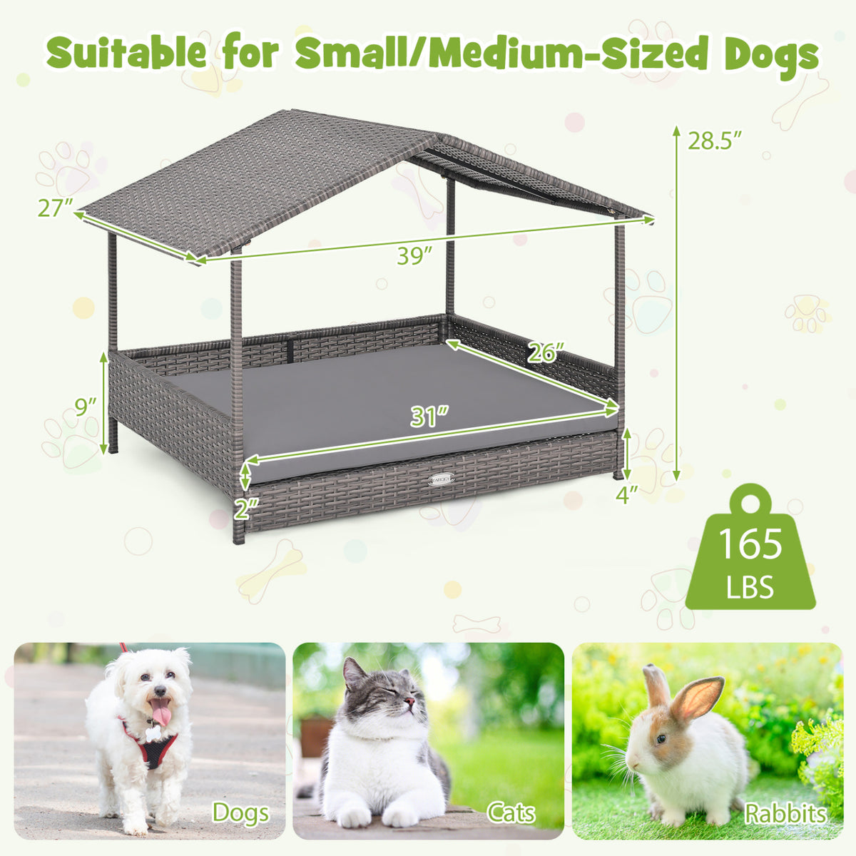 Gray Rattan Dog House with Canopy - Elevated Pet Bed for Indoor & Outdoor Use