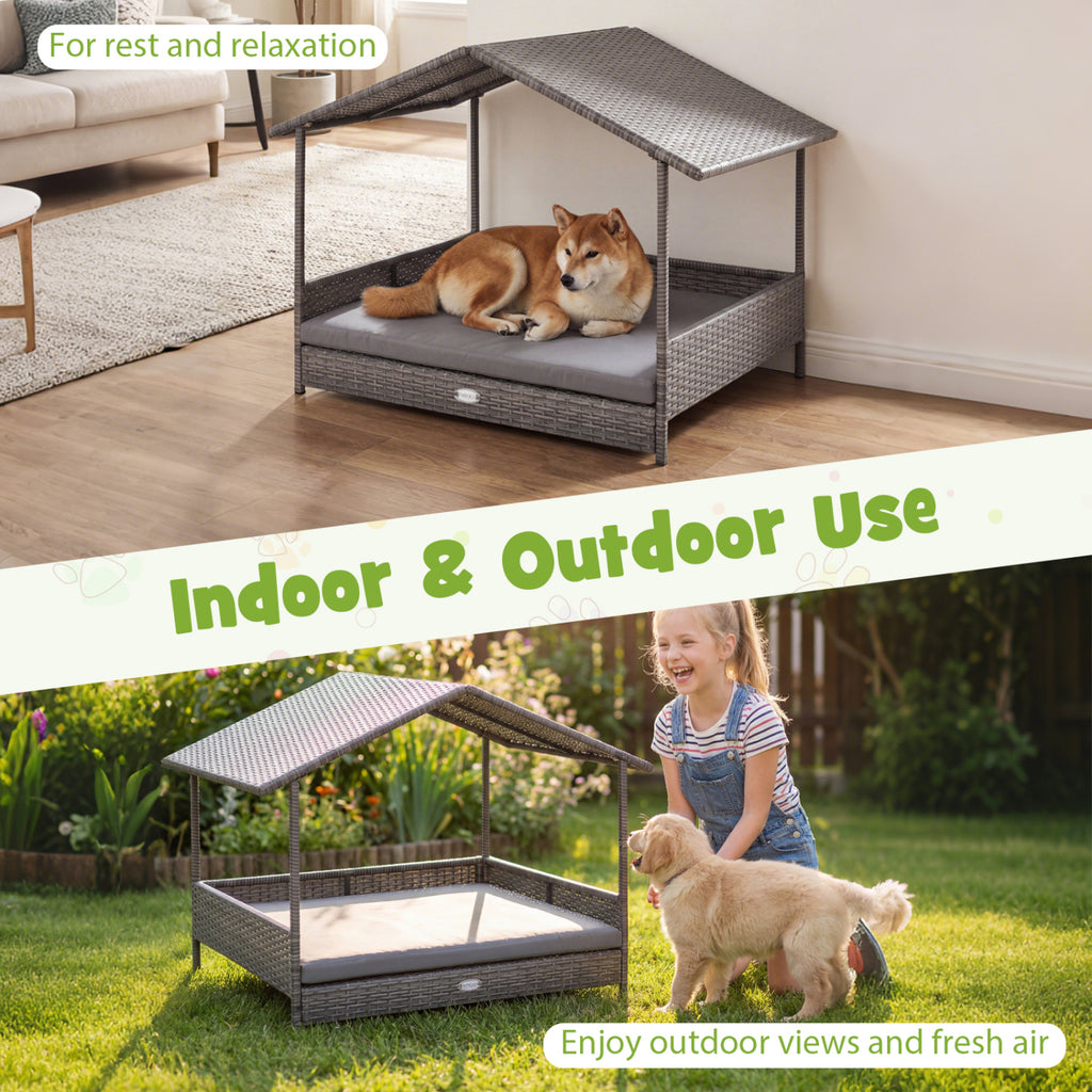 Gray Rattan Dog House with Canopy - Elevated Pet Bed for Indoor & Outdoor Use