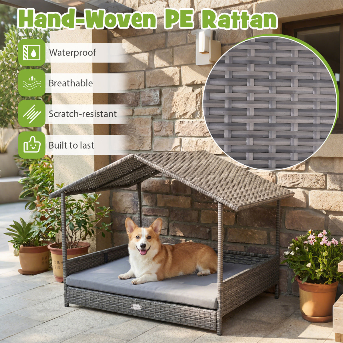 Gray Rattan Dog House with Canopy - Elevated Pet Bed for Indoor & Outdoor Use