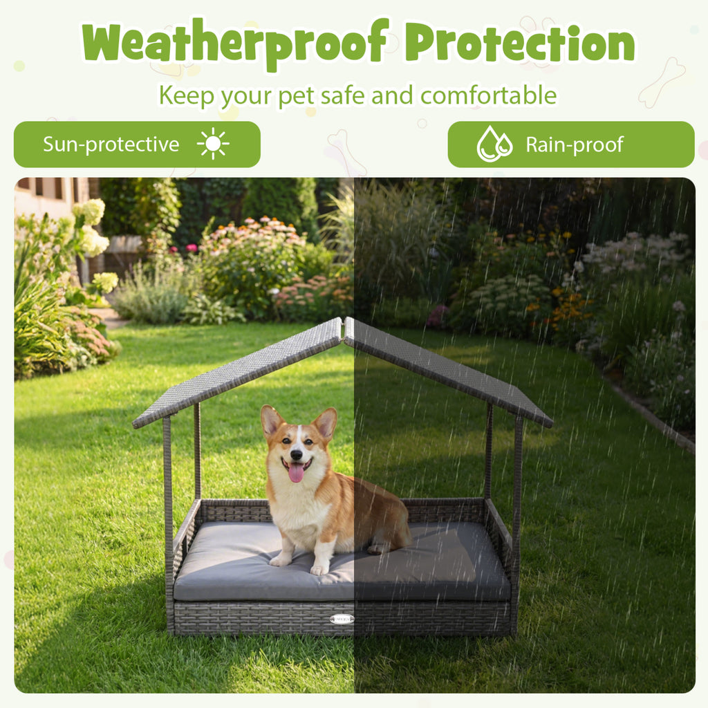 Gray Rattan Dog House with Canopy - Elevated Pet Bed for Indoor & Outdoor Use