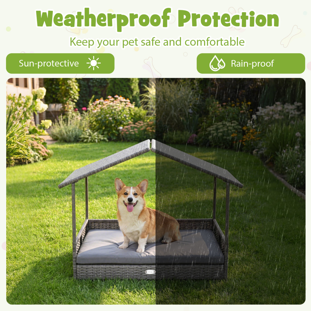 Gray Rattan Dog House with Canopy - Elevated Pet Bed for Indoor & Outdoor Use