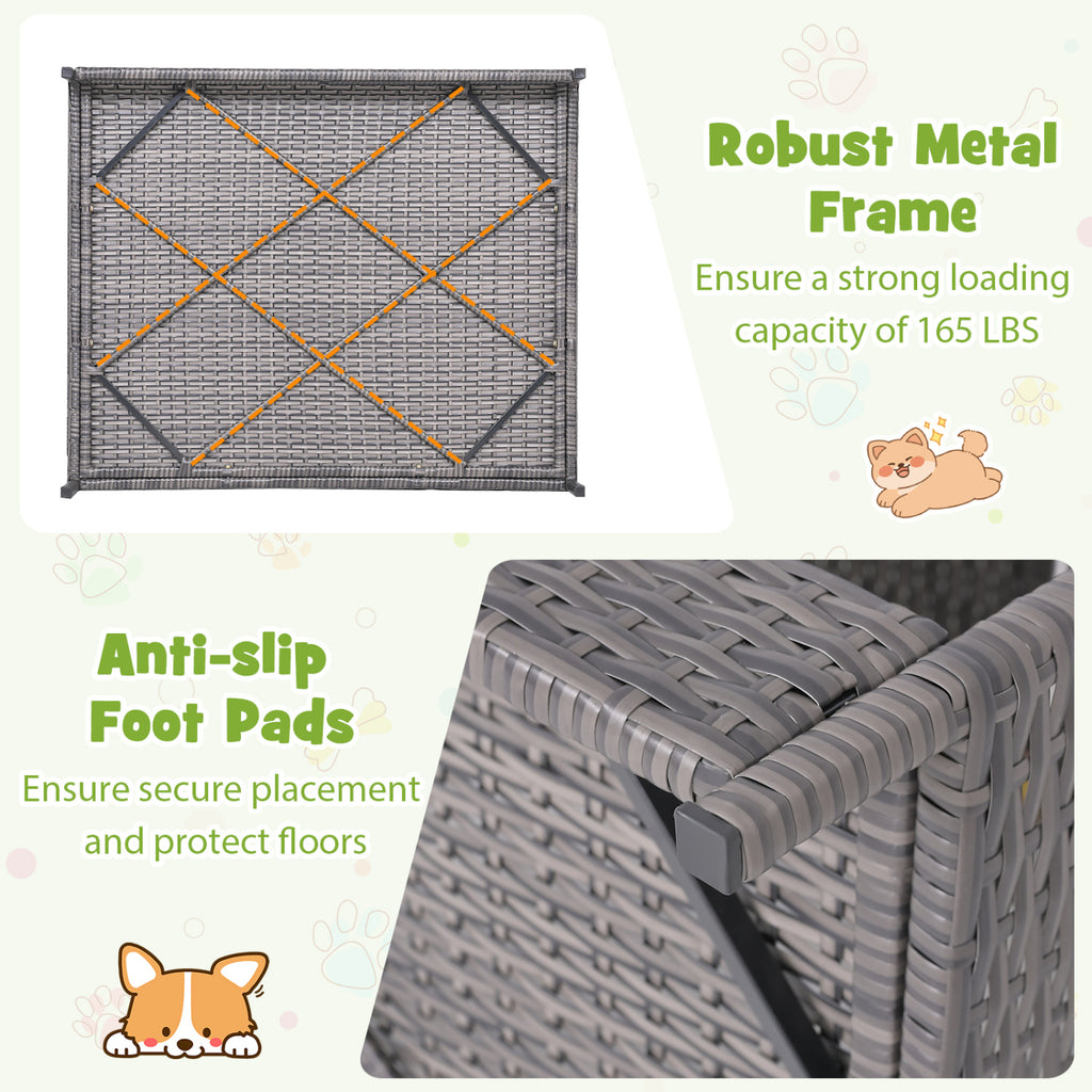 Gray Rattan Dog House with Canopy - Elevated Pet Bed for Indoor & Outdoor Use