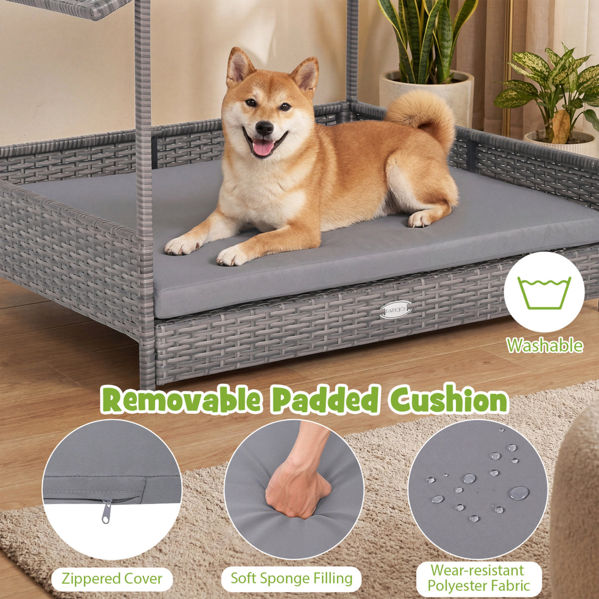 Gray Rattan Dog House with Canopy - Elevated Pet Bed for Indoor & Outdoor Use