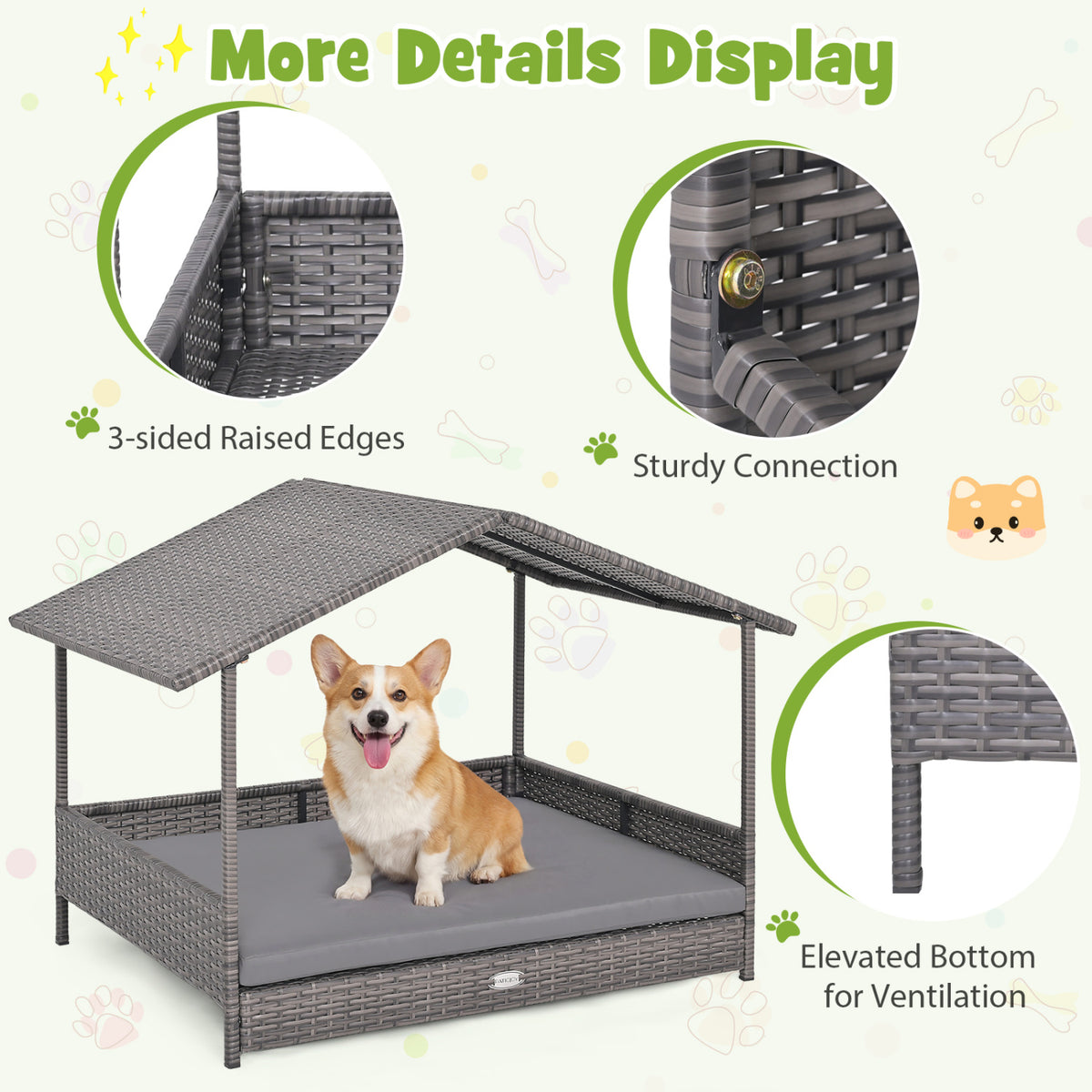 Gray Rattan Dog House with Canopy - Elevated Pet Bed for Indoor & Outdoor Use