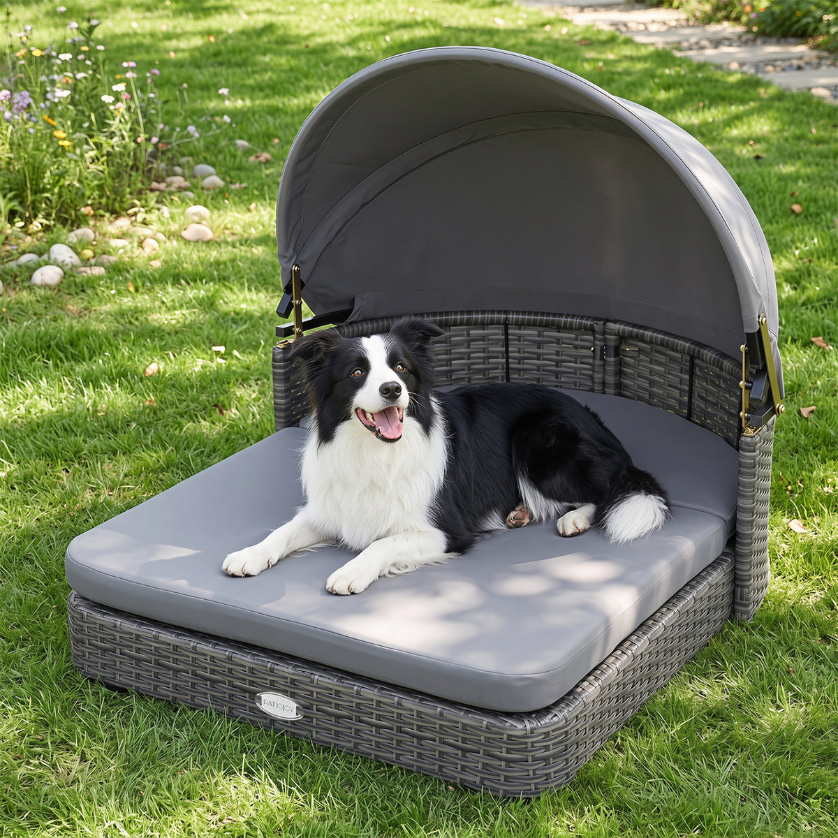 Wicker Dog House with Adjustable Canopy and Detachable Cushions for Small Medium Dogs