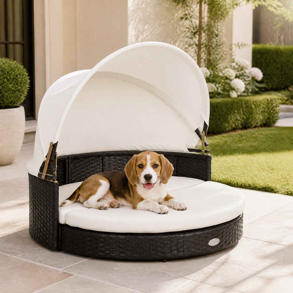 Wicker Dog House with Retractable Canopy & Removable Cushion - Round Style