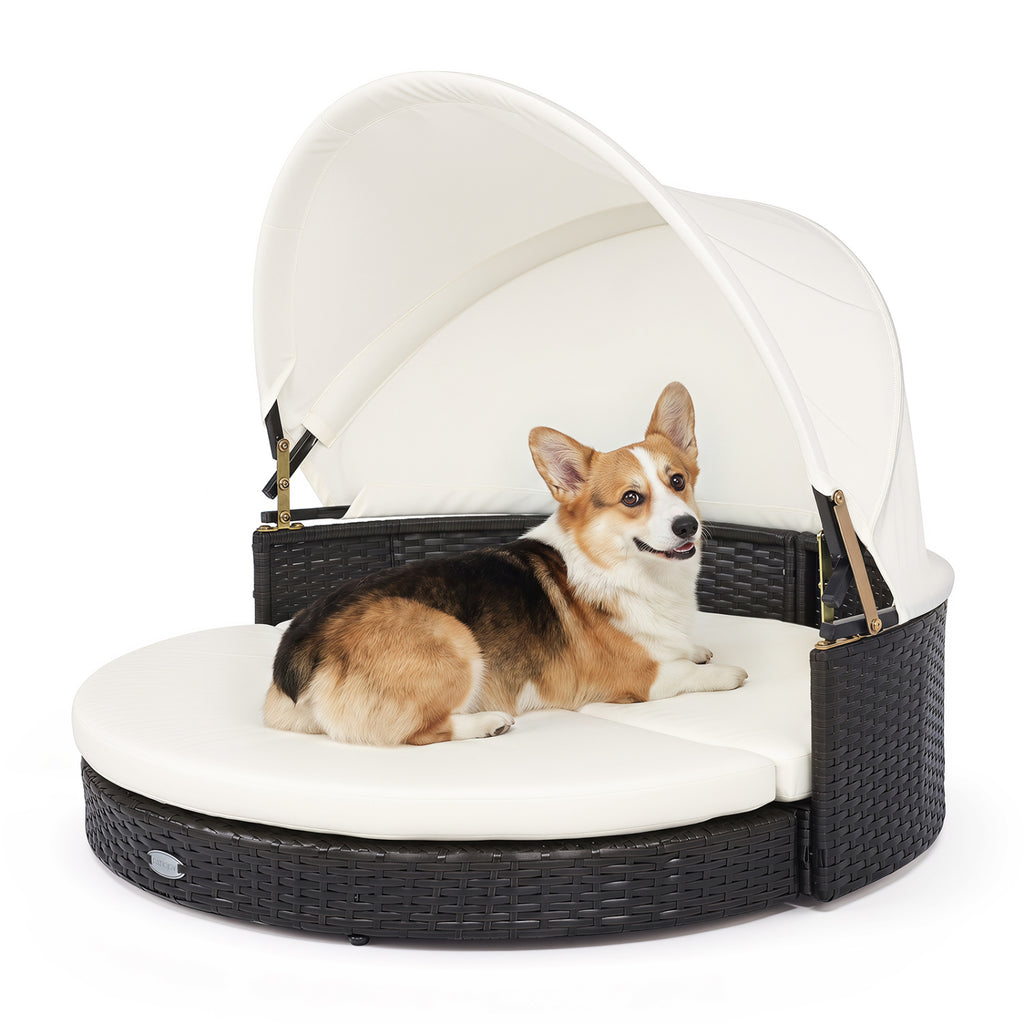 Wicker Dog House with Retractable Canopy & Removable Cushion - Round Style