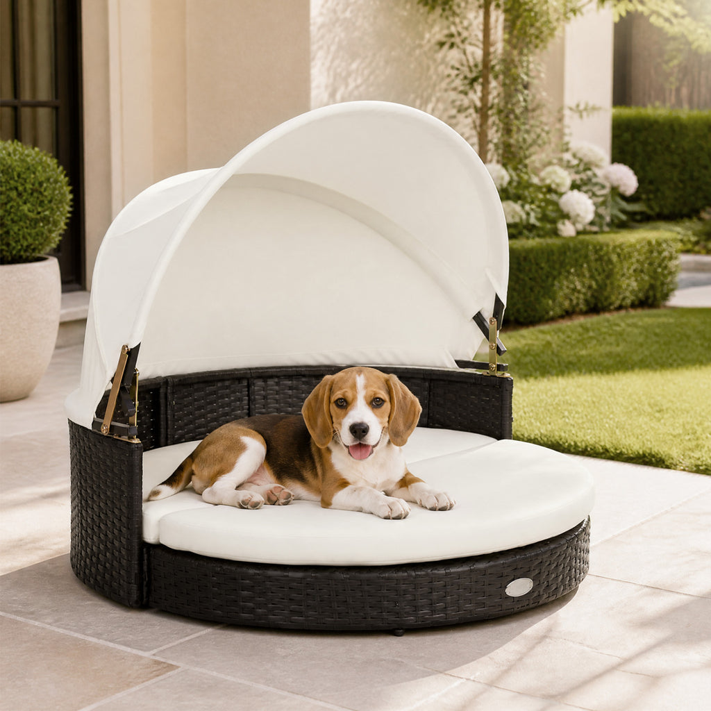 Wicker Dog House with Retractable Canopy & Removable Cushion - Round Style