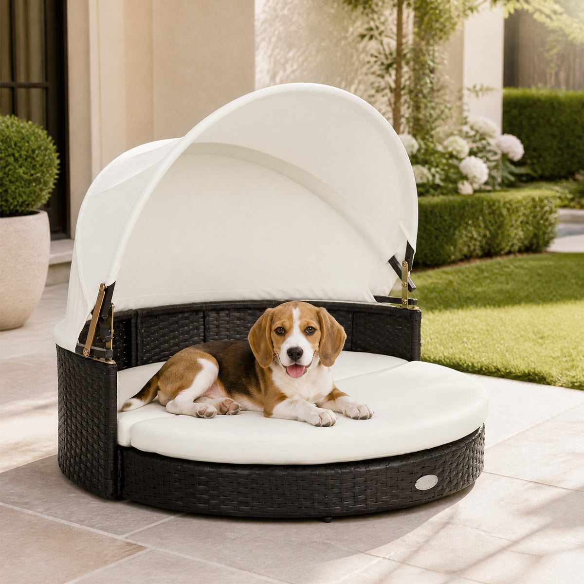Wicker Dog House with Retractable Canopy & Removable Cushion - Round Style