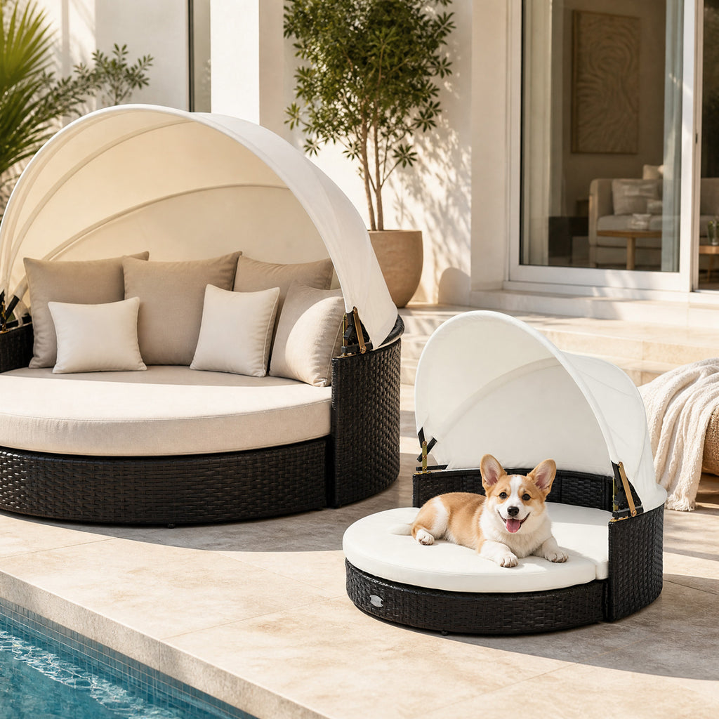 Wicker Dog House with Retractable Canopy & Removable Cushion - Round Style