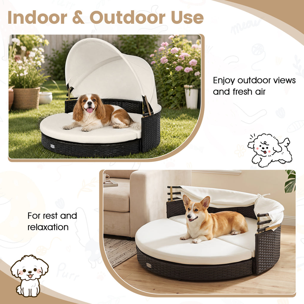 Wicker Dog House with Retractable Canopy & Removable Cushion - Round Style