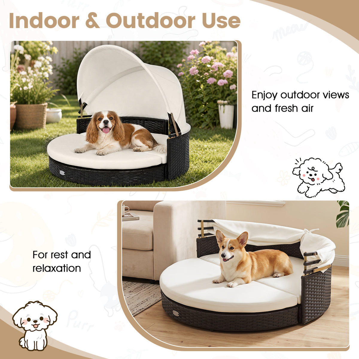 Wicker Dog House with Retractable Canopy & Removable Cushion - Round Style