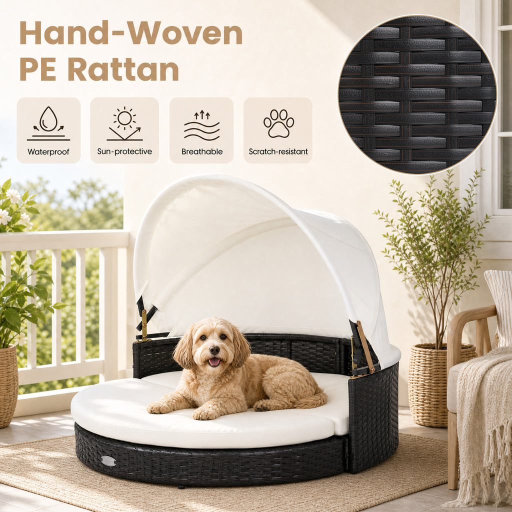 Wicker Dog House with Retractable Canopy & Removable Cushion - Round Style