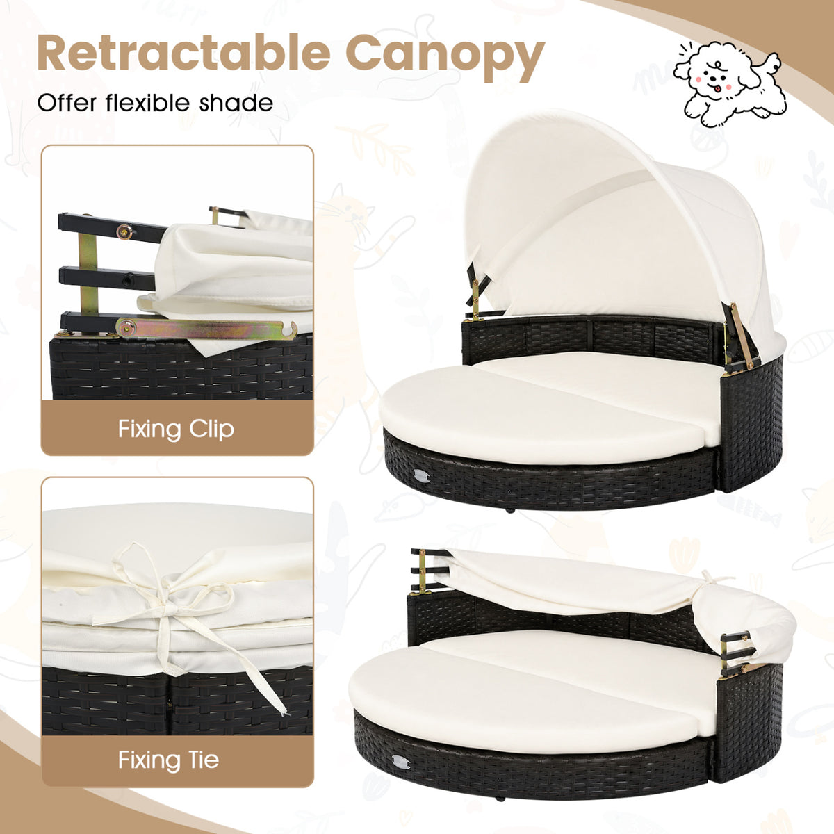 Wicker Dog House with Retractable Canopy & Removable Cushion - Round Style