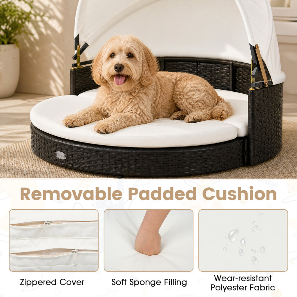 Wicker Dog House with Retractable Canopy & Removable Cushion - Round Style