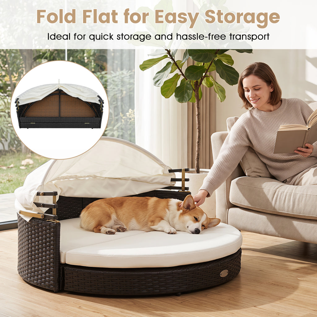 Wicker Dog House with Retractable Canopy & Removable Cushion - Round Style