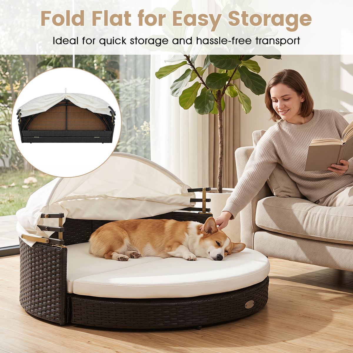 Wicker Dog House with Retractable Canopy & Removable Cushion - Round Style
