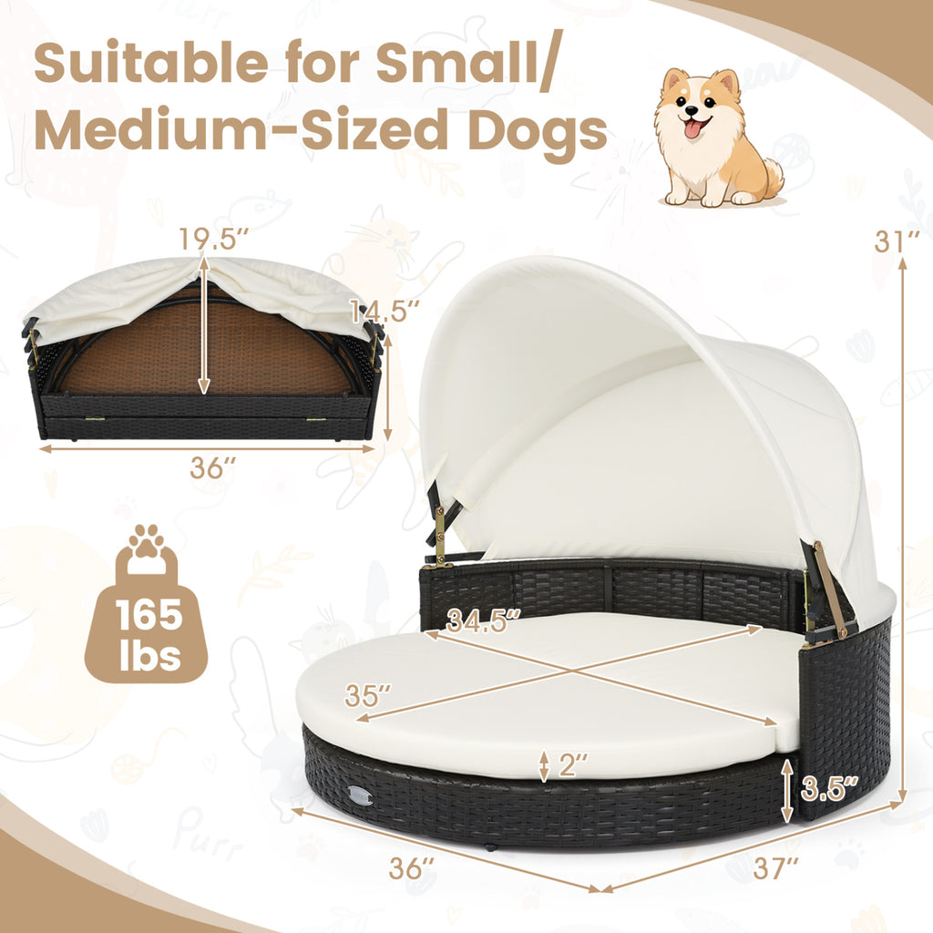 Wicker Dog House with Retractable Canopy & Removable Cushion - Round Style