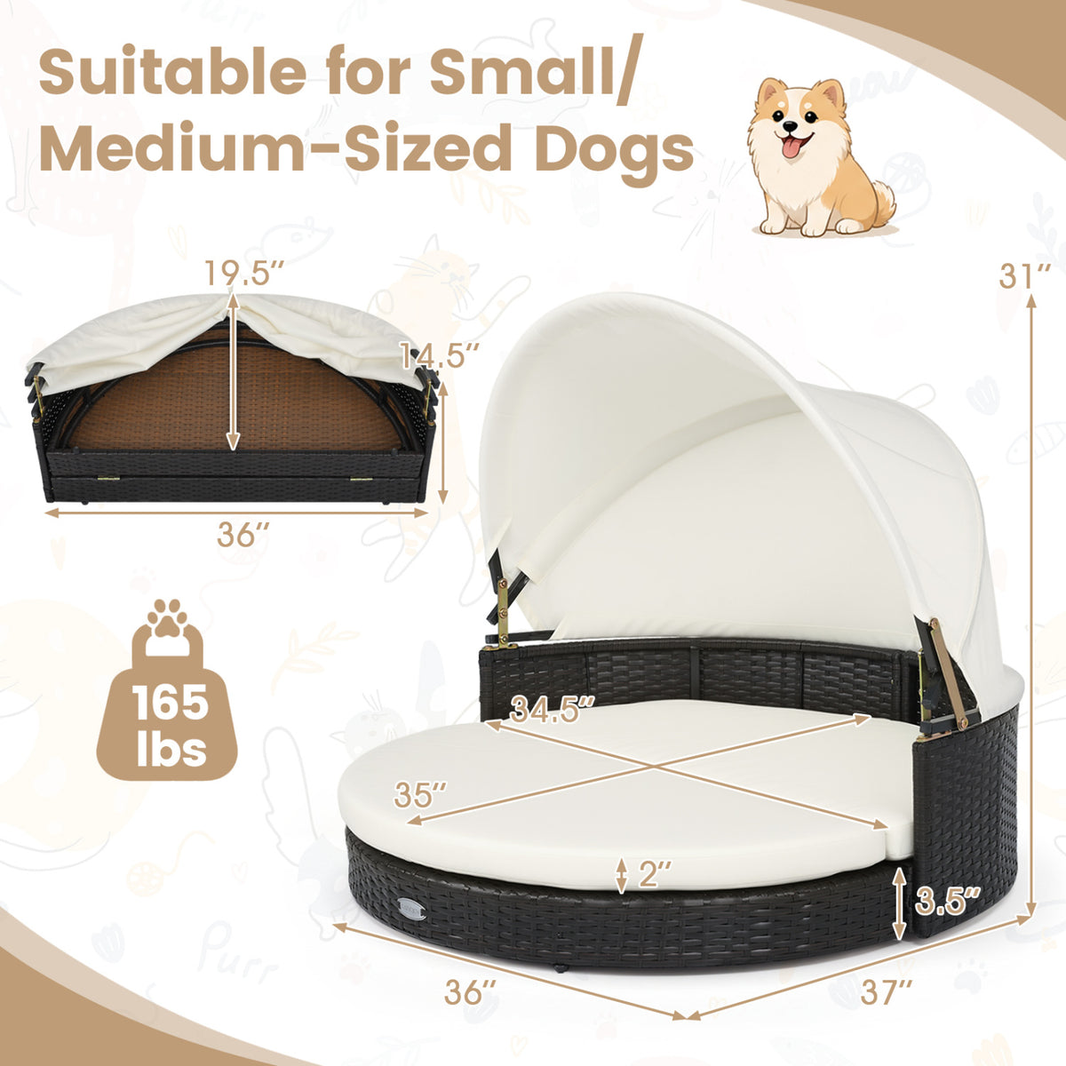 Wicker Dog House with Retractable Canopy & Removable Cushion - Round Style