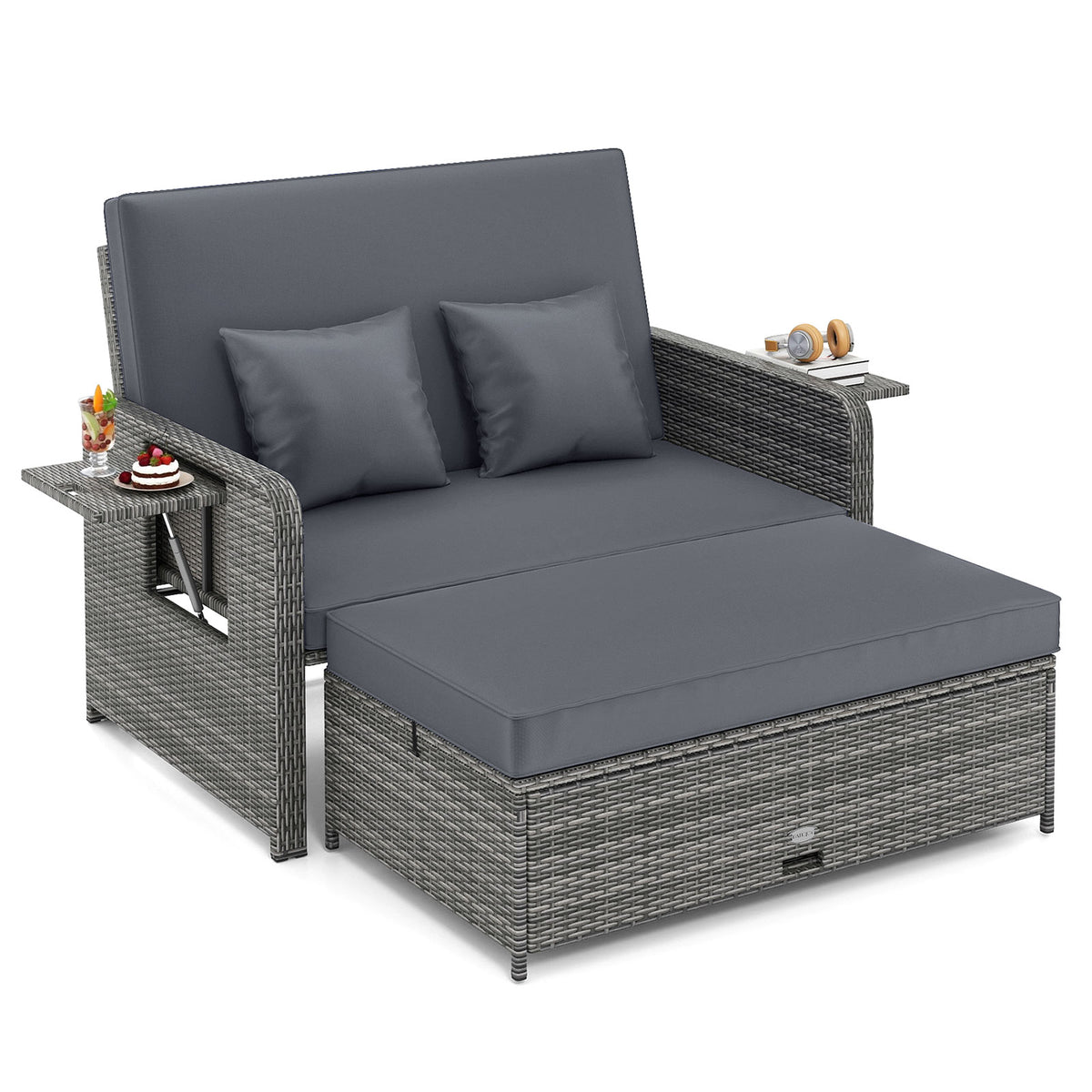 Patio Wicker Loveseat Sofa with Ottoman & Side Tray - Gray