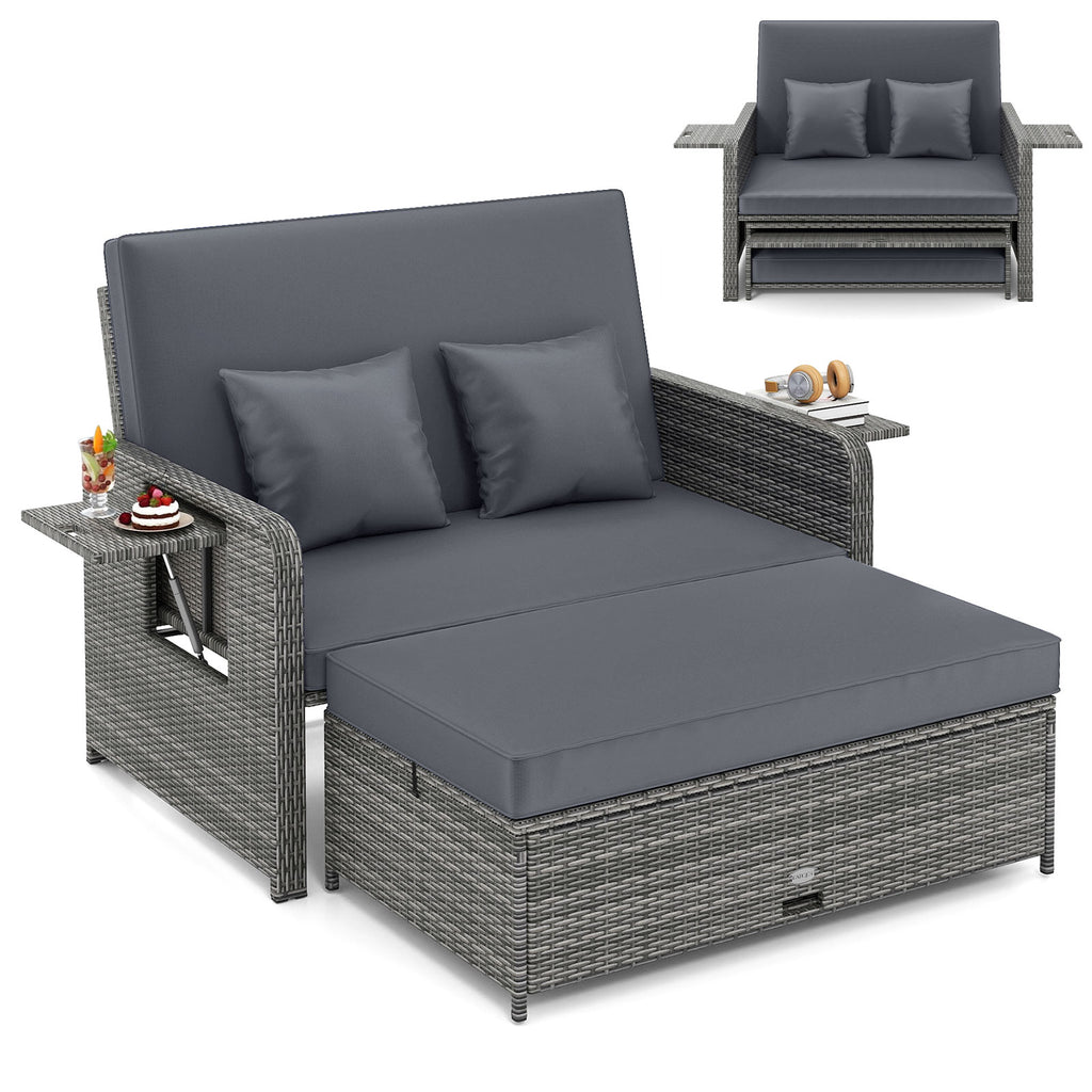 Patio Wicker Loveseat Sofa with Ottoman & Side Tray - Gray